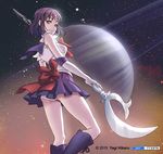  2015 artist_name ass bangs bishoujo_senshi_sailor_moon bow brown_bow brown_eyes dated elbow_gloves forehead_jewel from_behind gloves headband holding holding_spear holding_weapon miniskirt object_namesake panties planet pleated_skirt polearm purple_hair purple_sailor_collar ribbon sailor_collar sailor_saturn sailor_senshi_uniform saturn short_hair silence_glaive skirt sky solo space spear staff star_(sky) starry_sky tomoe_hotaru underwear weapon white_gloves yagi_hikaru 