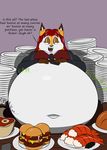  2015 accent americananomaly_(artist) anthro belly big_belly big_breasts breasts canine chubby color dog feline female food gurgle hair hi_res hungry irish long_hair lynx lynxuki mammal navel necktie obese overweight red_hair restaurant riley_o&#039;shane saluki smile smirk solo stuffing suit 