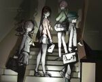  4girls amagi_yukiko bag black_bag black_hair black_hat black_jacket black_pants black_sailor_collar black_serafuku black_shirt black_shoes black_skirt black_thighhighs bob_cut brown_eyes brown_hair commentary_request duffel_bag english_text green_jacket hairband hat highres holding holding_bag indoors jacket k1kiwa kujikawa_rise long_hair looking_at_viewer multiple_girls neckerchief newsboy_cap on_stairs pants persona persona_4 red_hairband red_shirt reverse_trap sailor_collar satonaka_chie school_bag school_uniform serafuku shadow shirogane_naoto shirt shoes short_hair skirt socks stairs straight_hair thighhighs track_jacket twintails white_socks yasogami_school_uniform yellow_neckerchief 