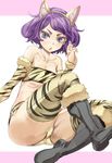  animal_ears animal_print bandeau bare_shoulders black_footwear boots breasts cat_ears commentary_request eyebrows fur_boots hairband knee_boots kototora looking_at_viewer open_mouth original purple_eyes ribs short_hair small_breasts solo strapless thighhighs tiger_print tsurime yohane 