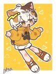  1boy :3 :d animal_ears blush_stickers border brown_hair calico_(pattern) cat_boy cat_ears commentary_request dot_nose double-parted_bangs drawstring fang full_body hair_between_eyes hands_up highres hood hood_down hoodie indie_virtual_youtuber long_sleeves male_focus multicolored_hair notamaru_2 open_mouth orange_shoes outline outside_border paw-shaped_pupils shoes shorts signature smile solo standing symbol-shaped_pupils tatamaru_(vtuber) virtual_youtuber white_border white_hair white_outline white_shorts yellow_background yellow_eyes yellow_hoodie 