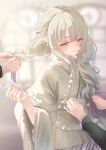  1girl adjusting_clothes blonde_hair blurry blurry_background braid choker commentary_request frilled_sleeves frills grabbing_another's_hair hair_ornament hairband heart heart_choker highres holding_another's_hair hololive hololive_dev_is japanese_clothes kimono lolita_hairband long_hair looking_at_viewer low_twin_braids nail_polish purple_eyes purple_hair purple_nails sawari_66 simple_background todoroki_hajime todoroki_hajime_(new_year) twin_braids virtual_youtuber white_background white_kimono 