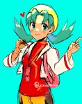  aqua_background aqua_eyes aqua_hair artist_name blush hat heart highres holding holding_poke_ball jacket kashmimo kris_(pokemon) low_twintails pants pointing poke_ball pokemon pokemon_gsc pokemon_masters_ex red_shirt shirt short_twintails twintails ultra_ball white_jacket yellow_hat yellow_pants 