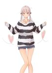  bow brown_eyes denim denim_shorts grey_hair hair_bow heart highres jewelry long_hair looking_at_viewer low_twintails necklace original rucchiifu short_shorts shorts solo striped striped_sweater sweater twintails 