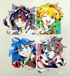  4boys :d bakuten_shoot_beyblade bandaged_arm bandages bare_shoulders beyblade blonde_hair blue_eyes blush brown_overalls chinese_clothes clenched_hand column_lineup commentary_request curtained_hair facial_mark fangs fingerless_gloves freckles frown gloves gold_trim green_shirt grey_background grey_hair grid_lineup grin hair_between_eyes hair_tubes hat headband highres hiwatari_kai incoming_fist_bump jacket kinomiya_takao kon_rei looking_at_viewer low_twintails mandarin_collar mizuhara_max multicolored_hair multiple_boys one_eye_closed open_clothes open_jacket open_mouth outstretched_arm overalls parted_bangs portrait purple_hair purple_shirt reaching reaching_towards_viewer red_eyes red_headband red_jacket round_teeth ruchi_(nxje5533) sanpaku scarf shirt sidelocks signature skin_fangs slit_pupils smile spiked_hair teeth thick_eyebrows twintails two-tone_hair upper_teeth_only w white_scarf yellow_eyes yellow_shirt yin_yang 