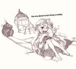  1boy 1girl absurdres bow commentary dress english_text gap_(touhou) hair_between_eyes hair_bow hair_ribbon hand_fan hat hat_ribbon highres holding holding_fan korean_commentary long_hair looking_at_viewer mob_cap monochrome one_eye_closed rampa93 red_eyes ribbon sitting smile tabard thighhighs touhou train trolley_problem very_long_hair white_dress yakumo_yukari 