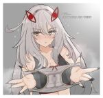  1girl averting_eyes black_nails black_sports_bra blush border breasts closed_mouth commentary english_text fingernails flying_sweatdrops genshin_impact grey_background grey_hair grey_panties highres holding holding_removed_eyewear large_breasts long_hair panties ronova_(genshin_impact) sharp_fingernails solo sports_bra stained_panties sweat symbol-only_commentary underwear unworn_eyewear valenthania white_border yellow_eyes 