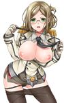  blush breasts breasts_outside brown_hair epaulettes folded_ponytail glasses gloves green_eyes highres kantai_collection katori_(kantai_collection) large_breasts looking_at_viewer military military_uniform miniskirt necktie nipples open_mouth pantyhose riding_crop short_hair simple_background skirt smile solo takatsuki_ichi uniform white_background white_gloves 