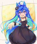  1girl @_@ ahoge alternate_hairstyle animal_ears aqua_hair black_collar black_dress black_nails black_wrist_cuffs blue_eyes blue_hair blush collar commentary_request crossed_bangs dress frilled_dress frilled_wrist_cuffs frills hair_down hair_ornament hand_up heterochromia highres horse_ears horse_girl horse_tail long_hair looking_at_viewer monmonmur multicolored_hair nail_polish official_alternate_costume open_mouth purple_eyes sharp_teeth sidelocks sleeveless sleeveless_dress smile solo sparkle tail teeth twin_turbo_(umamusume) twitter_username two-tone_hair umamusume upper_teeth_only very_long_hair wrist_cuffs yellow_background 