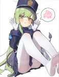  1girl absurdres ai-generated_art_(topic) armband black_hat black_jacket black_skirt black_tail blue_archive blue_armband blush buttons chinese_commentary commentary_request demon_tail double-breasted earrings feet foot_out_of_frame gloves green_hair green_halo halo hands_up hat highres hikari_(blue_archive) italian_brainrot_ai_animals_(meme) jacket jewelry knees_up liangcha_jun long_hair long_sidelocks long_sleeves looking_at_viewer meme no_shoes open_hands panties panties_under_pantyhose pantyhose parted_lips peaked_cap pleated_skirt pointy_ears shirt short_eyebrows sidelocks simple_background sitting skirt soles solo speech_bubble spoken_character tail thighband_pantyhose tralalero_tralala triangle_mouth underwear v-shaped_eyebrows very_long_hair white_background white_gloves white_panties white_pantyhose white_shirt yellow_eyes 