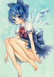  :o absurdres bad_id bad_pixiv_id barefoot blue_background blue_dress blue_eyes blue_hair bow cirno convenient_leg dress folded_leg hair_bow highres kuroyagi_(what_a_0205) looking_at_viewer marker_(medium) puffy_short_sleeves puffy_sleeves ribbon short_hair short_sleeves simple_background solo sparkle touhou traditional_media wings 