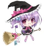  1girl 2000s_(style) alice_(frilldevil) black_cape black_dress black_hat blush bow broom broom_riding candy_hair_ornament cape card chibi chibi_only crescent_print cross-laced_clothes cross-laced_sleeves demon_girl demon_tail dress fang faux_retro_artstyle five_of_hearts food-themed_hair_ornament frilled_cape frilled_dress frilled_hat frilled_sleeves frills glasses hair_ornament hat hat_bow highres looking_at_viewer medium_hair mole mole_under_eye no_nose no_shoes open_mouth original pink_bow pink_eyes pink_thighhighs pink_trim pointy_ears ponytail purple_hair purple_thighhighs rimless_eyewear side_ponytail striped_clothes striped_thighhighs tail thighhighs transparent_background white_thighhighs witch witch_hat 