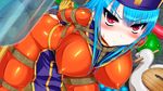  1girl arms_behind_back bdsm blue_hair blush bondage boots bound breasts dragon_quest dragon_quest_iii erect_nipples gloves hat highres huge_breasts latex latex_suit legs long_hair looking_at_viewer pink_eyes priest_(dq3) rope sitting skin_tight solo sweat thighs trubka wooden_horse 