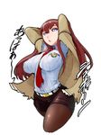 arms_up blue_eyes breasts brown_hair impossible_clothes impossible_shirt large_breasts legwear_under_shorts long_hair looking_at_viewer makise_kurisu misonou_hirokichi pantyhose parted_lips shirt short_shorts shorts solo steins;gate thighs translation_request wide_hips 