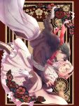  1boy 1girl arm_ribbon black_hair black_hairband boots cherry_blossoms closed_mouth commentary_request couple feet_out_of_frame floral_print floral_print_kimono gloves green_eyes hair_between_eyes hairband hakama haruno_sakura hetero highres japanese_clothes kimono lace-up_boots looking_at_another medium_hair naruto_(series) naruto_shippuuden parted_bangs parted_lips pink_hair pink_kimono print_kimono red_ribbon ribbon sayaendou0426 short_hair spiked_hair uchiha_sasuke white_gloves white_hakama 