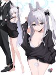  1boy 1girl 3hino absurdres alternate_costume animal_ears bandaid bandaid_on_cheek bandaid_on_face barefoot black_choker black_shirt black_shorts blue_archive blue_halo breasts choker cleavage commentary dolphin_shorts fake_animal_ears full_body halo highres holding_another's_arm long_hair looking_at_viewer miyako_(blue_archive) off_shoulder one_side_up oversized_clothes ponytail purple_eyes shirt short_shorts shorts solo_focus suit untranslatable_commentary white_background white_hair 