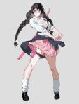  1girl absurdres alternate_costume bakemonogatari bandaid bandaid_on_face black_cardigan black_hair black_shoes bow braid breasts camisole cardigan cardigan_around_waist cleavage closed_mouth clothes_around_waist collarbone collared_shirt commentary firstdayiyui full_body glasses gun hair_ornament hairclip handgun hanekawa_tsubasa high-waist_skirt highres holster holstered katana kneehighs large_breasts loafers long_hair long_sleeves looking_at_viewer loose_socks low_twin_braids miniskirt monogatari_(series) nekomonogatari partially_unbuttoned pink-framed_eyewear pink_skirt pink_sword pleated_skirt purple_eyes round_eyewear scabbard school_uniform sheath sheathed shirt shirt_tucked_in shirt_under_shirt shoes simple_background skindentation skirt sleeves_rolled_up socks solo standing stretching sword sword_on_back symbol-only_commentary tactical_school_uniform thigh_holster thigh_strap thighs twin_braids unbuttoned unbuttoned_shirt weapon weapon_on_back white_background white_bow white_camisole white_shirt white_socks wind wind_lift 