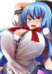  1girl arm_behind_head blue_hair blush bow bowtie bra breasts cleavage commentary fang gero_zoukin highres hinanawi_tenshi huge_breasts long_hair looking_at_viewer open_mouth partially_unbuttoned red_bow red_bowtie red_eyes shirt short_sleeves simple_background solo sweat symbol-only_commentary touhou underwear upper_body white_bra white_shirt 