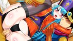  1girl anal anus ass blue_hair blush breast_grab breasts censored clenched_teeth clothed_sex dragon_quest dragon_quest_iii garter_straps gloves grabbing hat highres huge_breasts latex latex_suit leg_up legs long_hair looking_at_viewer mosaic_censoring open_mouth penis pink_eyes priest_(dq3) saliva sex skin_tight smile spread_legs teeth thighhighs thighs thong tiara trubka 