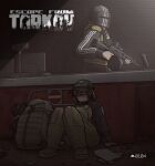  1boy 1girl @_@ absurdres backpack bag baseball_cap black_eyes black_jacket black_pants boots breasts brown_bag brown_boots brown_hair brown_jacket brown_pants bulletproof_vest cash_register chest_rig clipboard closed_mouth combat_boots combat_helmet copyright_name ear_protection escape_from_tarkov gameplay_mechanics glasses gun h&amp;k_mp5 hat helmet hiding highres holding holding_weapon indoors isthisicecrem jacket killa_(escape_from_tarkov) large_breasts light_machine_gun machine_gun medium_hair multicolored_jacket on_floor optical_sight original pants patch rpk-16 scanlines silk sitting spider_web submachine_gun suppressor sweat track_suit trash two-tone_jacket visor_(armor) weapon 