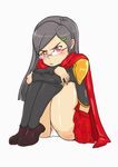  angry annoyed artist_request ass black_hair blush cape cranky final_fantasy final_fantasy_type-0 glasses hair_ornament hairclip leg_hug legs long_hair looking_at_viewer miniskirt panties pink_eyes pout queen_(fft-0) shiny shiny_skin simple_background sitting skirt solo underwear 