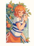  1girl ;q absurdres bangle blush bracelet breasts brown_eyes character_name closed_mouth commentary cowboy_shot food fruit highres holding holding_staff jewelry large_breasts log_pose looking_at_viewer mandarin_orange miniskirt money_gesture nami_(one_piece) one_eye_closed one_piece orange_hair orange_skirt orange_tree outside_border saterise shirt short_hair short_sleeves skirt smile solo staff tongue tongue_out v-neck white_shirt 