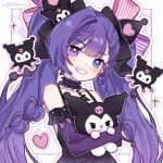  1girl bare_shoulders black_choker black_dress blush border bow character_hair_ornament checkered_background choker collarbone commentary dress elbow_gloves frilled_choker frills gloves grin hair_bow hair_ornament heterochromia highres holding kuromi long_hair looking_at_viewer my_melody_(series) original outside_border pink_bow pink_eyes purple_background purple_eyes purple_gloves purple_hair sanrio signature single_hair_intake single_sidelock sleeveless sleeveless_dress smile striped_bow symbol-only_commentary twintails upper_body white_border yukomeow 
