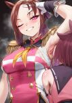  2girls ;d absurdres aiguillette animal_ears arm_up armpit_focus armpits bakushin_o_armpit_gif_(meme) blush brown_hair buttons commentary_request double-breasted ear_ornament epaulettes flower-shaped_pupils gloves grey_background grin hand_in_own_hair highres horse_ears horse_girl licking licking_armpit meme multiple_girls neckerchief one_eye_closed padoruu pink_shirt sailor_collar sailor_shirt sakura_bakushin_o_(blossom_in_learning)_(umamusume) sakura_bakushin_o_(umamusume) sakura_chiyono_o_(hinoshita_kaisan_hana_akari)_(umamusume) sakura_chiyono_o_(umamusume) shirt short_hair simple_background sleeveless sleeveless_shirt smile solo_focus sweat sweatdrop symbol-shaped_pupils umamusume white_gloves yellow_neckerchief yuri 