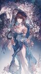  1girl aqua_eyes asymmetrical_gloves bow branch brown_hair commentary dress floral_print flower gem gloves gradient_background hand_up hashtag-only_commentary highres honkai:_star_rail honkai_(series) long_hair mismatched_gloves off_shoulder official_alternate_costume parted_lips plum_blossoms ruan_mei_(honkai:_star_rail) ruan_mei_(plumblossom_letter)_(honkai:_star_rail) symbol-only_commentary thigh_strap two-tone_dress uneven_gloves ytyutiktv 