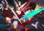  2boys android armor black_eyes blonde_hair cowboy_shot energy_sword fins forehead_jewel head_fins helmet hidden_phantom_(mega_man) holding holding_sword holding_weapon leg_up long_hair looking_at_another male_focus mega_man_(series) mega_man_zero_(series) multiple_boys ninja red_armor red_helmet sword twitter_username watermark watermark_grid weapon yamanashi_taiki z_saber zero(z)_(mega_man) zero_(mega_man) 
