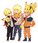  3boys aqua_eyes blonde_hair blue_eyes crossover eyebrows family father father_and_son fingers forehead_protector grandfather grandfather_and_grandson hand_on_waist hands jacket konohagakure_symbol male male_focus multiple_boys namikaze_minato naruto open_mouth pichu pikachu pokemon raichu son spiked_hair spiky_hair tail uzumaki_boruto uzumaki_naruto 