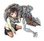  black_legwear black_skirt brown_hair collared_shirt commentary_request eldritch_abomination extra_eyes full_body highres kneeling looking_at_viewer open_mouth original red_eyes shibafu_no_atama shirt shoes simple_background skirt smile socks solo sweater white_background 
