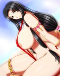  286c areola_slip areolae armband black_hair bracelet breasts facial_mark forehead_mark highres huge_breasts jewelry legband legs long_hair looking_at_viewer masaki_funaho_jurai sideboob sitting slingshot_swimsuit smile solo strap_gap swimsuit tenchi_muyou! thick_thighs thighlet thighs yellow_eyes 