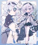  1girl :d black_gloves black_hat black_shoes black_skirt blue_border blush_stickers border brown_eyes closed_mouth coat commentary dot_nose double-parted_bangs fanqiealxe full_body gloves grey_coat grey_hair hair_between_eyes hand_up hat highres long_sleeves looking_at_viewer miniskirt multiple_views open_clothes open_coat open_mouth original outline outside_border pleated_skirt sample_watermark shoes short_hair_with_long_locks skirt smile standing star-shaped_pupils star_(symbol) symbol-only_commentary symbol-shaped_pupils thighhighs watermark white_background white_hat white_outline white_thighhighs zettai_ryouiki 