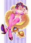  1boy 2girls black_shoes border bra breasts brown_eyes brown_hair chibi chibi_inset commentary copyright_name cup double_bun drink full_body hair_bun high_heels highres holding holding_cup holding_drink kaba_yuuji kakunaru_ue_wa large_breasts long_hair looking_at_viewer miyamoto_niina multiple_girls navel nice_knee_socks_day open_mouth outline outside_border pillarboxed pink_bra pink_hair purple_background shioiri_ren shoes sitting smile solo_focus symbol-only_commentary teeth twintails uehara_yuuki underwear upper_teeth_only vertical-striped_background white_border yellow_outline 
