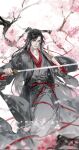  1boy bishounen black_coat black_hair black_hanfu blurry blurry_foreground branch cherry_blossoms chinese_clothes coat depth_of_field falling_petals fighting_stance flower grey_eyes hair_down hair_ribbon half_updo hand_up hanfu hashtag-only_commentary highres holding holding_sword holding_weapon index_finger_raised jian_(weapon) liuche79871650 long_hair long_sleeves looking_at_viewer male_focus modao_zushi official_alternate_costume official_alternate_hairstyle open_clothes open_coat outdoors parted_lips petals pink_flower pink_petals red_ribbon red_sash ribbon robe sample_watermark sash sidelocks smile solo standing suibian_sword sword tree very_long_hair watermark watermark_grid weapon wei_wuxian wei_wuxian_(yiling_laozu) wide_sleeves 