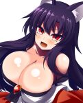  1girl animal_ears bare_shoulders black_hair blush breasts cleavage collarbone commentary dress fang gero_zoukin highres huge_breasts imaizumi_kagerou long_hair looking_at_viewer off-shoulder_dress off_shoulder open_mouth red_eyes simple_background solo symbol-only_commentary touhou upper_body white_background wolf_ears wolf_girl 
