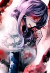  black_sclera blood bloody_hands blur chiruru96 crack dutch_angle from_side glowing glowing_eye hand_to_own_mouth highres kamishiro_rize lavender_hair looking_at_viewer puffy_sleeves red_eyes sidelocks sketch solo tokyo_ghoul upper_body 
