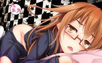  ass black_serafuku blush brown_eyes brown_hair checkered glasses groin highres kantai_collection long_hair looking_at_viewer mochizuki_(kantai_collection) no_panties ogami_kazuki open_mouth red-framed_eyewear saliva school_uniform semi-rimless_eyewear serafuku skirt solo speech_bubble under-rim_eyewear waking_up 