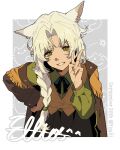  1girl animal_ears artist_name bow bowtie braid brown_coat brown_vest cat_ears cat_girl coat collared_shirt eyelashes fingernails green_eyes green_nails green_shirt grin highres looking_at_viewer nail_polish original parted_bangs scar scar_across_eye scar_on_face screentones shirt sidelocks slit_pupils smile solo teeth v vest white_hair yuuiii 