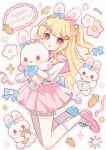  1girl :o animal animal_ears asymmetrical_footwear blonde_hair bloomers blue_shoes blush carrot_hair_ornament commentary food-themed_hair_ornament frilled_sailor_collar frilled_sleeves frills full_body hair_ornament happy_birthday highres holding holding_animal legs_up long_hair looking_at_viewer miniskirt mismatched_footwear open_mouth original pink_sailor_collar pink_shoes pink_skirt rabbit rabbit_ears red_eyes sailor_collar school_uniform serafuku shirt shoes short_sleeves sidelocks skirt socks solo sparkle star_(symbol) star_hair_ornament symbol-only_commentary two_side_up white_bloomers white_shirt white_socks yukomeow 