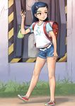  backpack bag belt black_hair brown_eyes cyduster grass hair_ornament hairclip hammer_and_sickle legs no_socks original outdoors randoseru shirt shoes short_hair short_shorts shorts smile solo t-shirt 