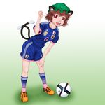  2015_fifa_women's_world_cup alternate_costume animal_ears ayashin_(sin_saku-cool) ball brown_hair cat_ears cat_tail chen clenched_hand conext15 earrings fingernails gradient gradient_background green_background hand_on_own_knee hand_up hat japan japanese_flag jewelry leaning_forward looking_at_viewer mob_cap multiple_tails nail_polish open_mouth pink_nails red_eyes sharp_fingernails shoes short_hair simple_background sneakers soccer soccer_ball soccer_uniform solo sportswear striped striped_legwear tail touhou tube_socks world_cup 