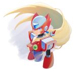  1boy armor blonde_hair blue_eyes chest_jewel commentary_request forehead_jewel helmet long_hair mega_man_(series) mega_man_x_(series) olf_megaman red_armor red_helmet simple_background solo upper_body white_background zero_(mega_man) 