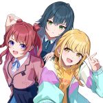  310setsu 3girls blazer blonde_hair blue_hair blush braid commentary_request double_bun fujita_kotone gakuen_idolmaster green_eyes hair_bun hanami_saki highres idolmaster jacket long_hair multiple_girls open_mouth pink_hair purple_eyes school_uniform smile tsukimura_temari twin_braids yellow_eyes 