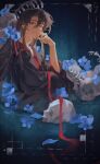  1boy black_hair black_hanfu blue_flower bone brown_hair chinese_clothes closed_mouth commentary_request fia_(fialoveice) flower hair_between_eyes hair_down hair_ribbon half_updo hand_on_own_chin hand_up hanfu highres long_hair long_sidelocks long_sleeves looking_at_viewer male_focus modao_zushi official_alternate_hairstyle parted_lips partially_submerged petals ponytail red_eyes red_ribbon ribbon robe sidelocks sitting skeleton skull smile solo water wei_wuxian wei_wuxian_(yiling_laozu) wide_sleeves 