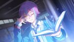  1boy ;) aqua_cardigan aqua_streaks arm_up asymmetrical_sidelocks aura blue_light book buttons cardigan chuunibyou collared_shirt colorful_palette diagonal-striped_clothes diagonal-striped_necktie dot_nose funsai_seyo!_unvalentine_no_fukushuu_(project_sekai) game_cg hallway hand_up highres holding holding_book kamishiro_rui kamiyama_high_school_uniform_(project_sekai) light_particles long_sleeves looking_at_object male_focus multicolored_hair necktie official_art one_eye_closed open_book open_cardigan open_clothes parted_lips project_sekai purple_hair school_uniform shirt short_hair sidelighting sidelocks smile solo streaked_hair striped_clothes teeth third-party_source upper_body watch white_shirt wristwatch wristwatch_over_clothes yellow_eyes 