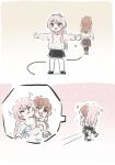  2girls bang_dream! bang_dream!_it's_mygo!!!!! black_pantyhose black_skirt blue_eyes brown_hair brown_skirt chihaya_anon closed_mouth commentary fang grey_eyes highres hug hug_from_behind long_hair lyy multiple_girls nagasaki_soyo one_eye_closed open_mouth outstretched_arms pantyhose pink_hair pleated_skirt skirt spread_arms symbol-only_commentary white_pantyhose yuri 