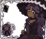  1girl absurdres alternate_costume bindi black_dress black_flower black_rose black_umbrella card center_frills chibi chibi_inset choker chu_chu_(shoujo_kakumei_utena) dark-skinned_female dark_skin dress flower flower_choker frilled_dress frilled_umbrella frills glasses gothic_lolita green_eyes hairband highres himemiya_anthy holding holding_umbrella lolita_fashion lolita_hairband long_hair looking_at_viewer one_eye_closed parasol parted_lips playing_card purple_hair rose semi-rimless_eyewear shoujo_kakumei_utena solo sweetziziii umbrella white_flower white_rose wide_sleeves 