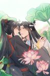  2boys ahoge bishounen black_hair black_hanfu blush chinese_clothes closed_mouth commentary_request couple eye_contact face-to-face fia_(fialoveice) flower hair_ribbon hand_on_another's_chin hand_on_another's_shoulder hanfu headband high_ponytail highres hug imminent_kiss lan_wangji leaf lily_pad long_hair long_sleeves looking_at_another lotus lotus_leaf lotus_pod male_focus modao_zushi multiple_boys outdoors parted_lips pink_flower ponytail red_ribbon red_sash ribbon robe sash sidelocks smile topknot upper_body wei_wuxian white_hanfu white_headband wide_sleeves xiao_guan_(headdress) yaoi yellow_eyes 